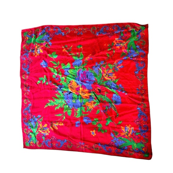 VTG Liz Claiborne 100% Silk Jewel Tone Floral Large Square Scarf 30" NWOT - Picture 1 of 3